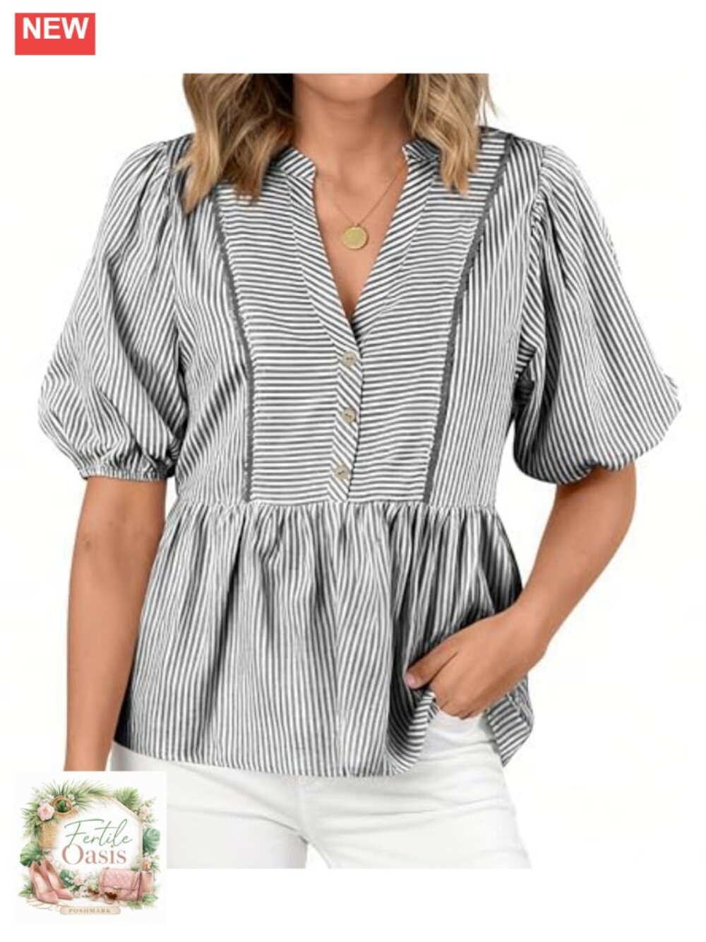 Women Lantern Sleeve Striped Babydoll Blouse Button Up V-Neck Summer Top